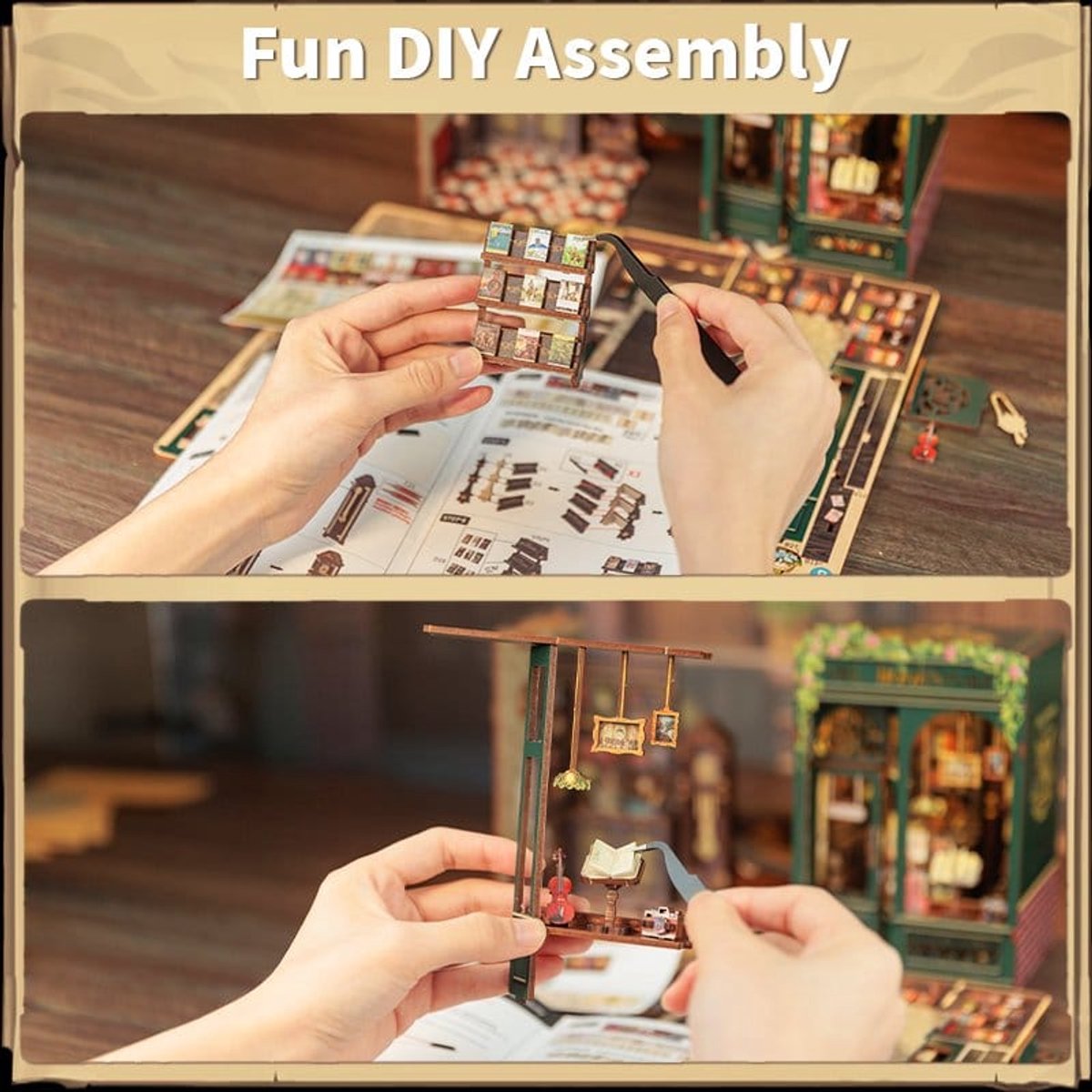 CuteBee Book Nook - Modelbouw - Houten 3D Puzzel - DIY Bouwpakket Volwassenen en Volwassenen - Boekensteun - Boekenhouder - Owl Bookstore — afbeelding 14