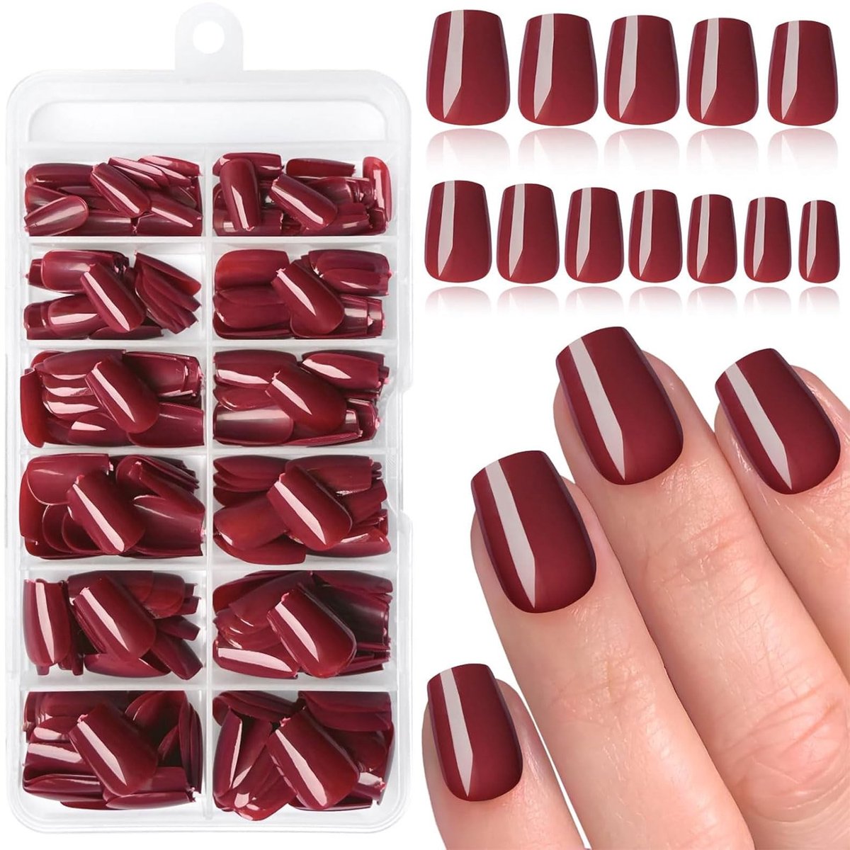 Dailygoods- Kunstnagels Bordeauxrode Korte Grafvorm - 240 Stuks - Plaknagels Zelfklevende - Druk Op Nagels - Manicuretools - Inclusief Nagelvijl en Houten Stokje - Press-on Nagels