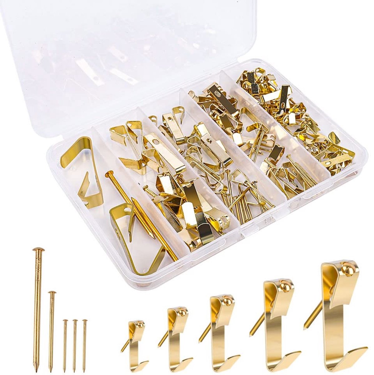 Dailygoods- Fotohaken Goudkleurig - Ophanghaken Fotolijsten - Wandhaken Roestvrij Staal - Ophangsysteem met Spijkers - Set van 120 Stuks - Diverse Maten