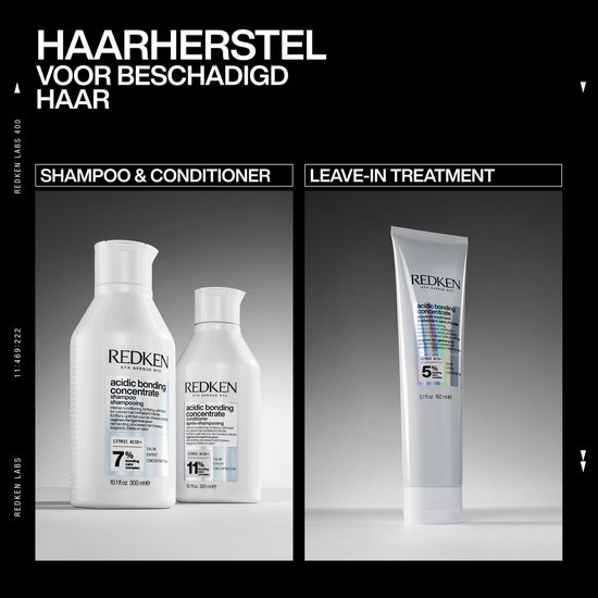 Set van Redken Acidic Bonding Concentrate Shampoo en Conditioner, en een tube Leave-in Treatment.
