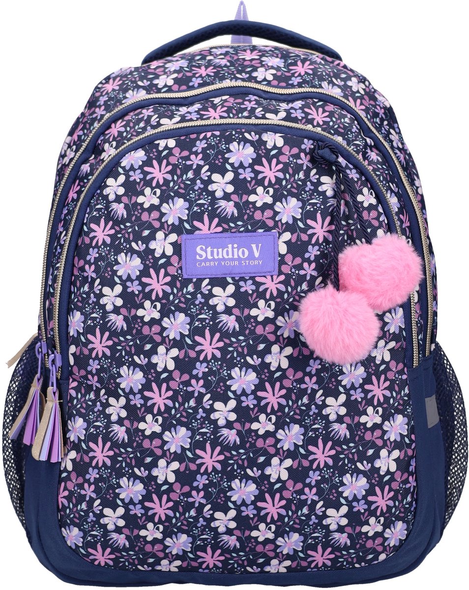 Studio V Flower Bomb Rugzak - Schooltas meisjes - 34,8 liter - 44 x 33 x 24 cm - Polyester - Blauw
