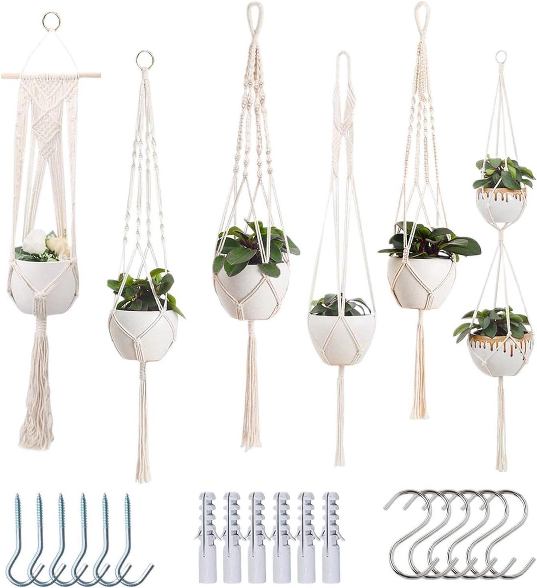 Plantenhanger Touw - Bloempot Houder - Planten Decoreren - Handgeweven Katoen - 6 Stuks - Natuurlijk