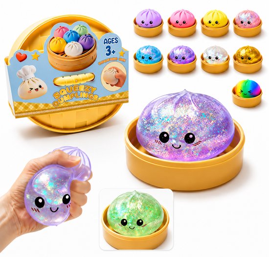Verpakking en productpresentatie van glinsterende gestoomde broodje squishies in verschillende kleuren, met een grote paarse squishy, een hand die een paarse squishy knijpt en een groene squishy.