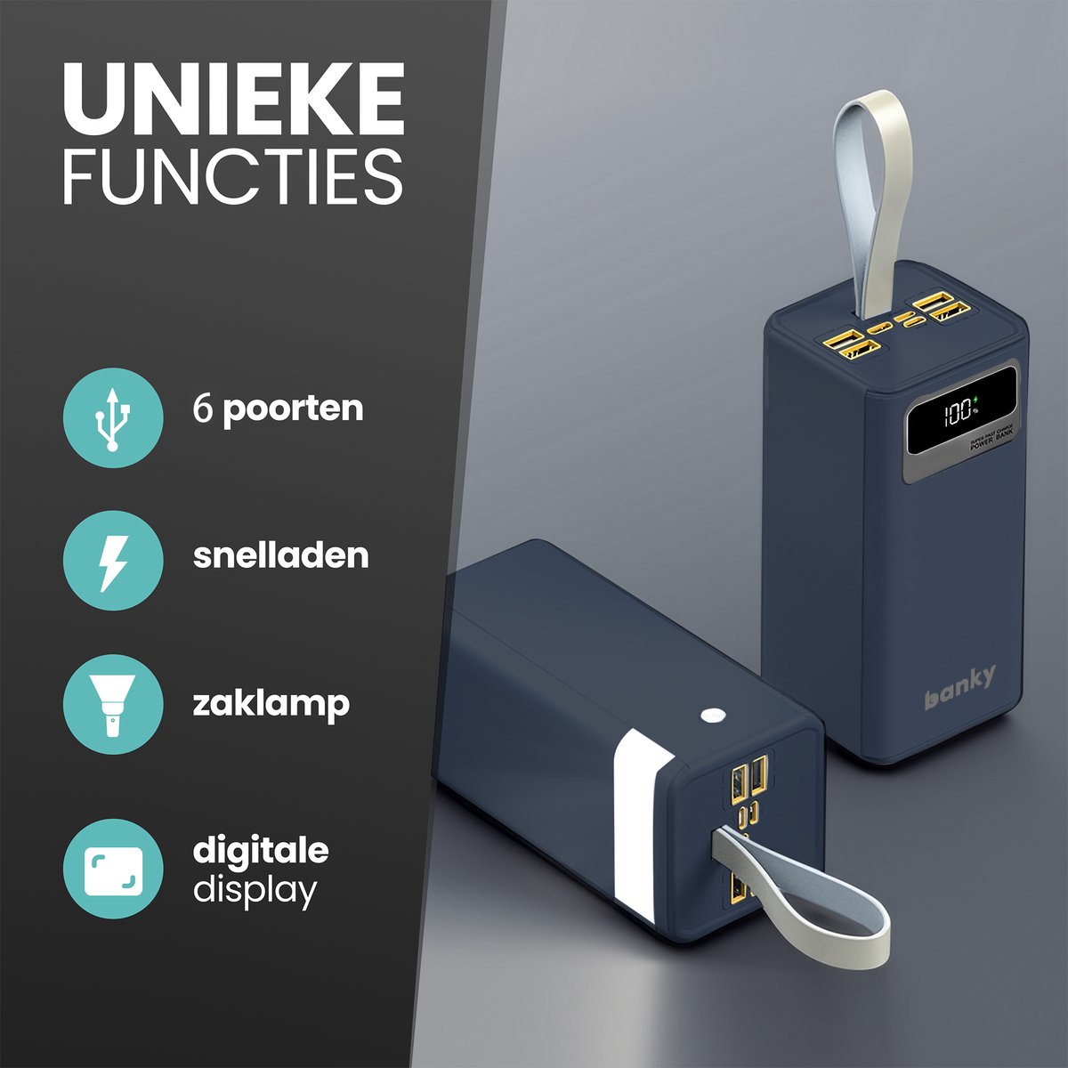 Banky Powerbank 50.000 mAh 22.5W Snellader Zwart - afbeelding 3