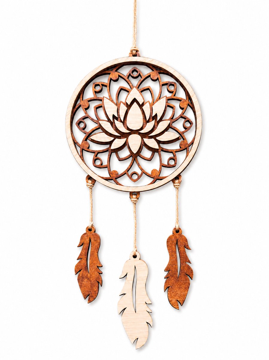 Laserloom Houten Dromenvanger met Lotus – Handgemaakt Wanddecoratie Bruin