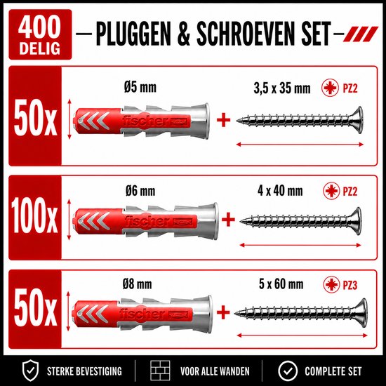 Assortiment de chevilles Fischer et de vis Tornitrex Duopower (200 jeux-400 pièces)