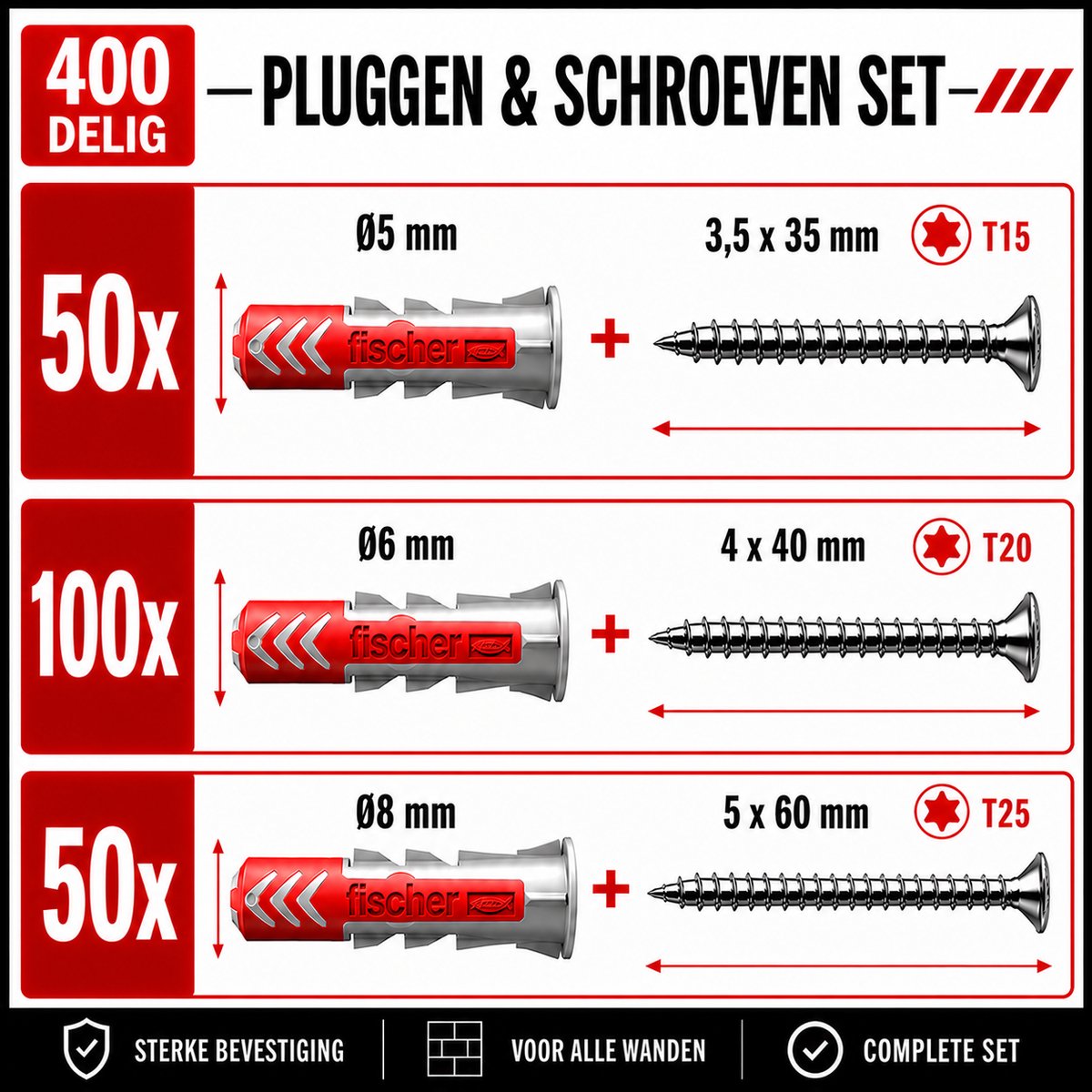 Fischer pluggen en Torx schroeven set | Assortiment | Tornitrex | Duopower | 200 sets - 400 stuks