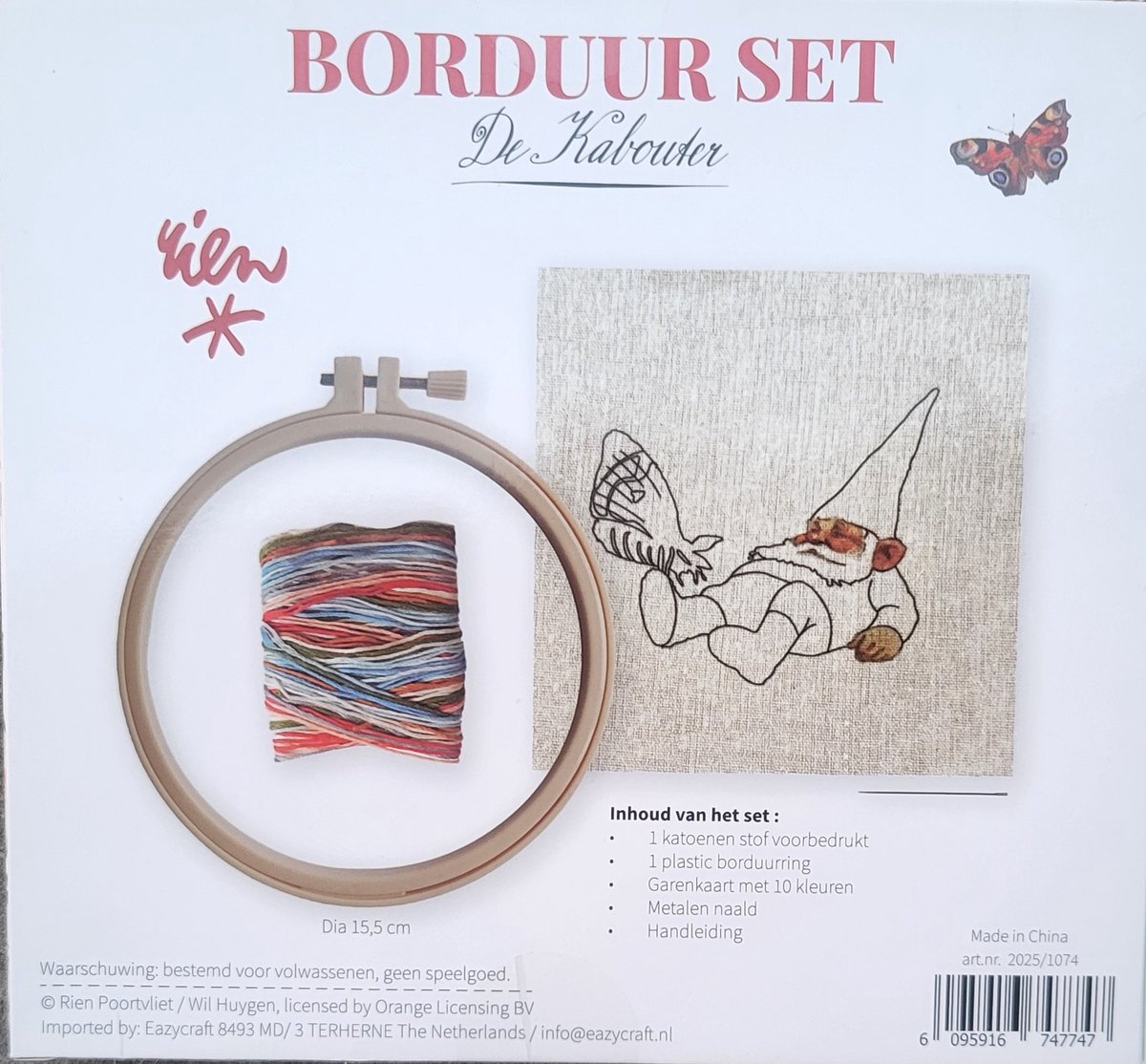 Borduurset De Kabouter - Borduur set met borduurring diameter 15,5 cm en 10 kleuren garen