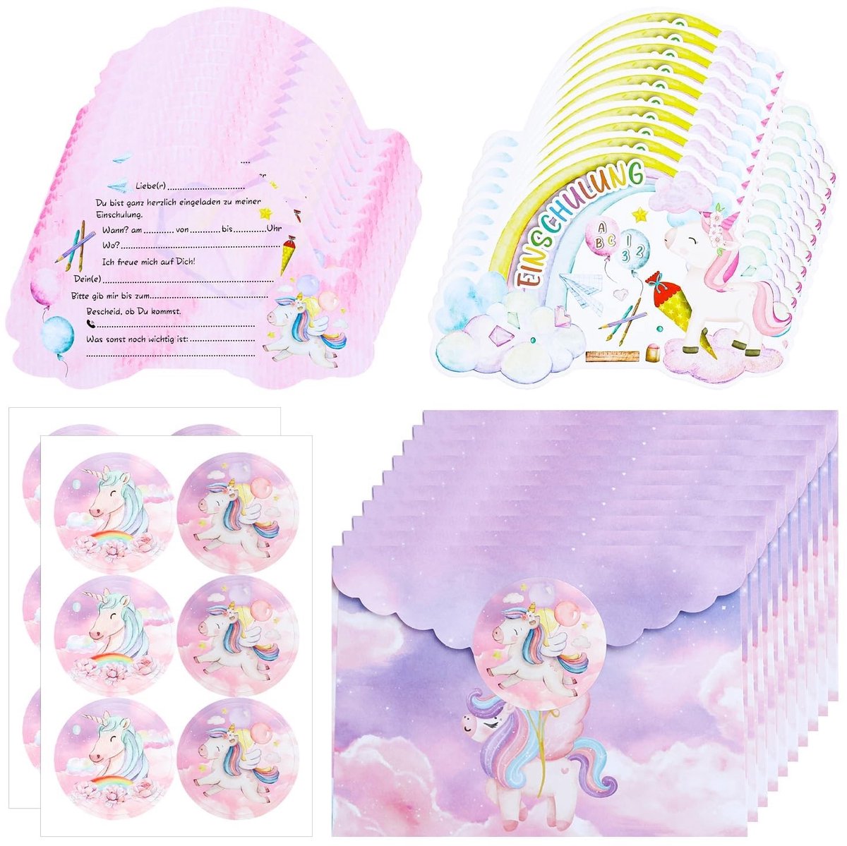 Dailygoods- Uitnodigingskaarten Eenhoorn - 12 Stuks - Inclusief Enveloppen/Stickers - Kinderfeestje - Eerste Schooldag - Roze Ontwerp - Feestuitnodigingen