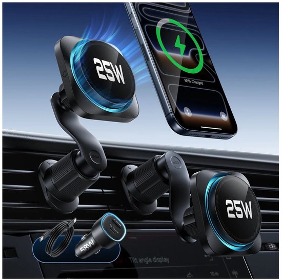 Twee ESR OmniLock magnetische autohouders met 25W snelladen, telefoon met groene bliksem (85% opgeladen), 58W autolader, USB-C kabel.