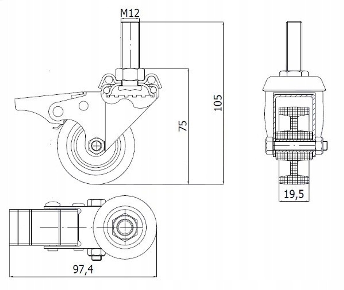 Polyamide Zwenkwiel met Rem en M12x30 Schroefdraad, 50mm