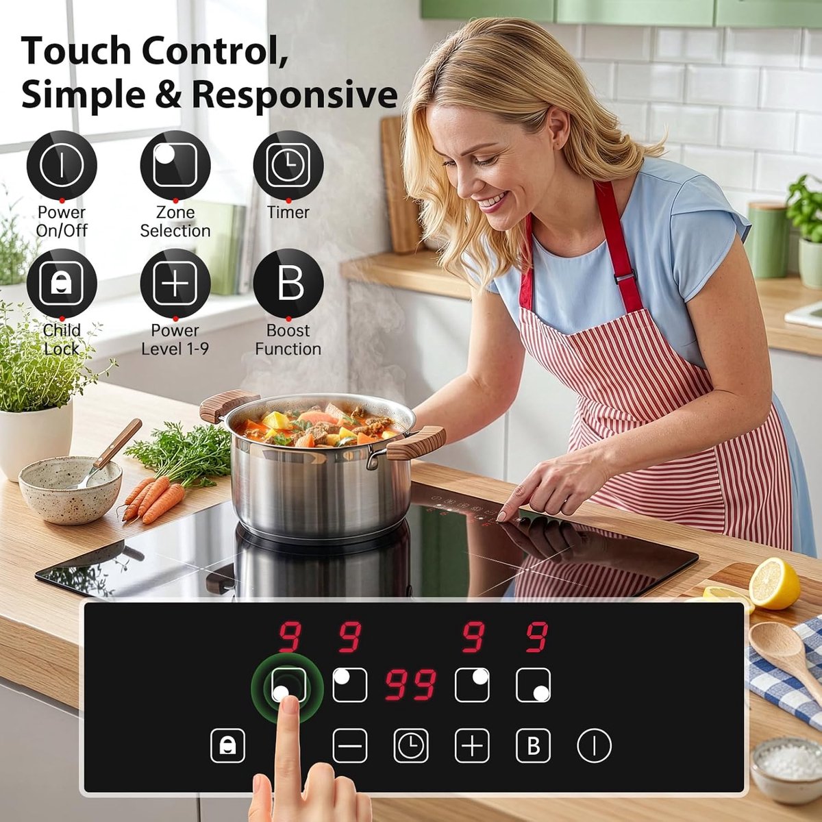 Inductiekookplaat 60 cm - 4 zones kookplaat - Snel Koken - Boost functie - 7000 Watt - Zwart