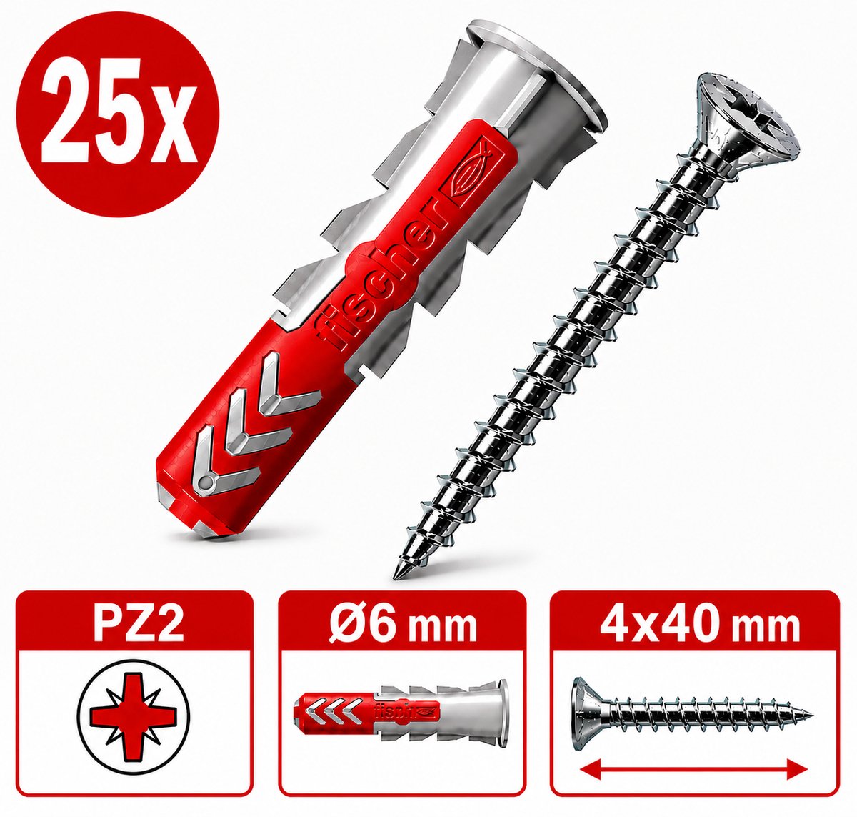Fischer & Tornitrex pluggen en kruiskop schroeven set 6mm duopower | 25 sets