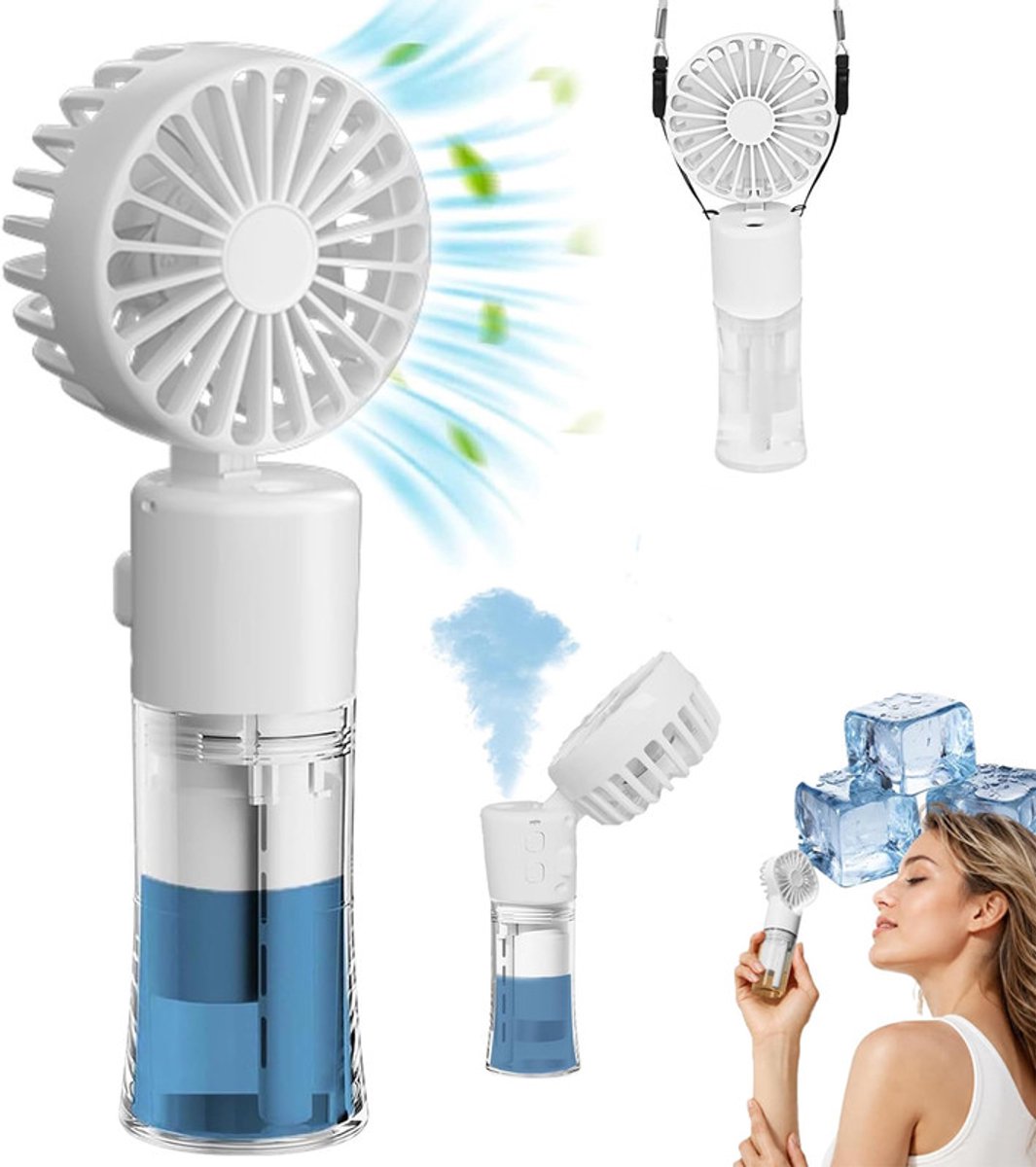 Draagbare handventilator - Met waternevelspray - Oplaadbare mini-handventilator - USB ventilator voor kantoor - koelmistventilatoren - Persoonlijke koelm - Zomer - Voor kantoren, huizen, studentenkamers en studeerkamers - Wit