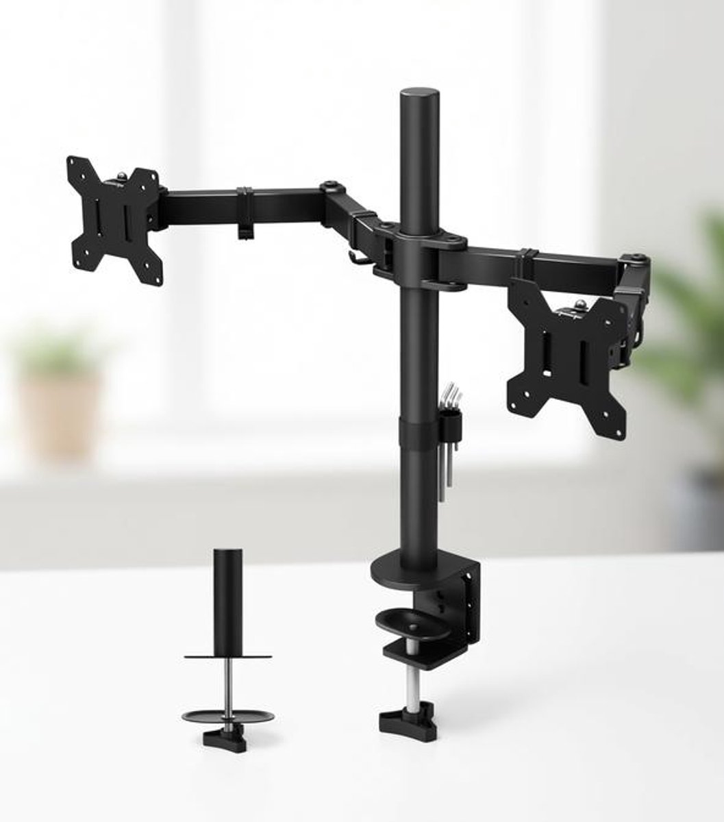 Maison Elara Dubbele Monitorstandaard voor 13-27 inch Schermen, Monitor Arm 2 Schermen in Hoogte Verstelbaar tot 430mm, Kantelbaar ±90°, Draaibaar 180°, Roteerbaar 360°, Tot 10kg per Arm, VESA 75/100, Zwart