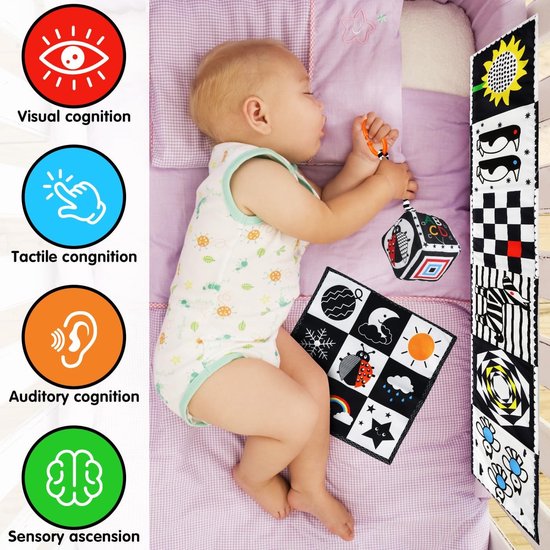 COOAU - Baby hoog contrast sensorisch speelgoed set - zacht stoffen boek + knisperende rammelaar kubus met bijtring - zwart-wit tummy time speelgoed voor baby's - 3 STUKS van Cooau — afbeelding 2