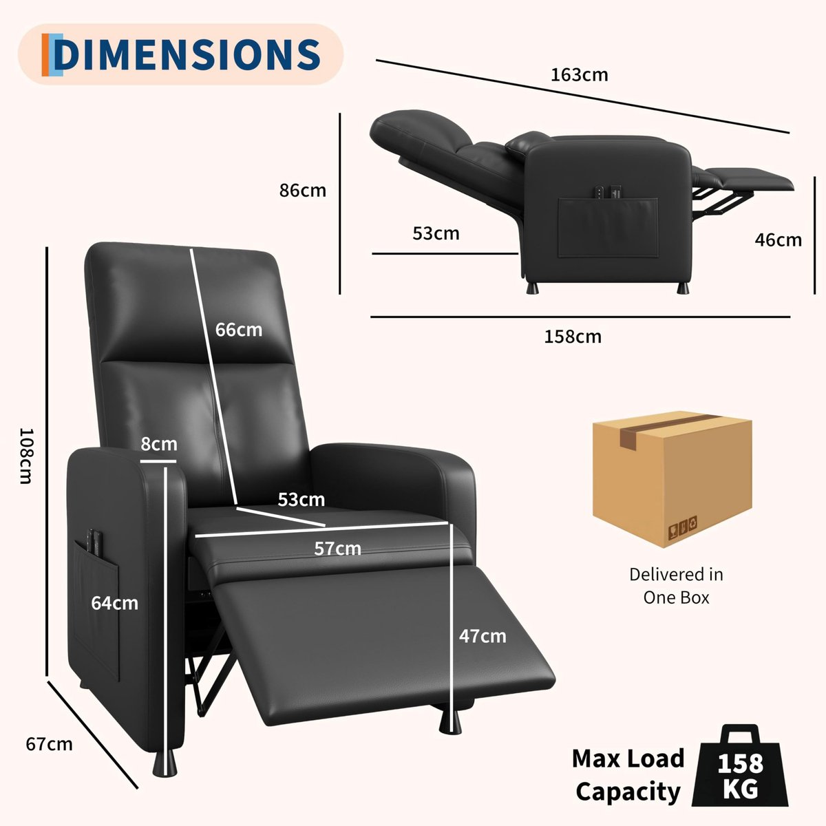 Relaxstoel Massagestoel Elektrisch, PU-Leder, Verstelbare TV Fauteuil met Voetensteun en Verwarming, Luxe Ligstoel voor Woonkamer, Slaapkamer, Kantoor, Zwart – foto 7