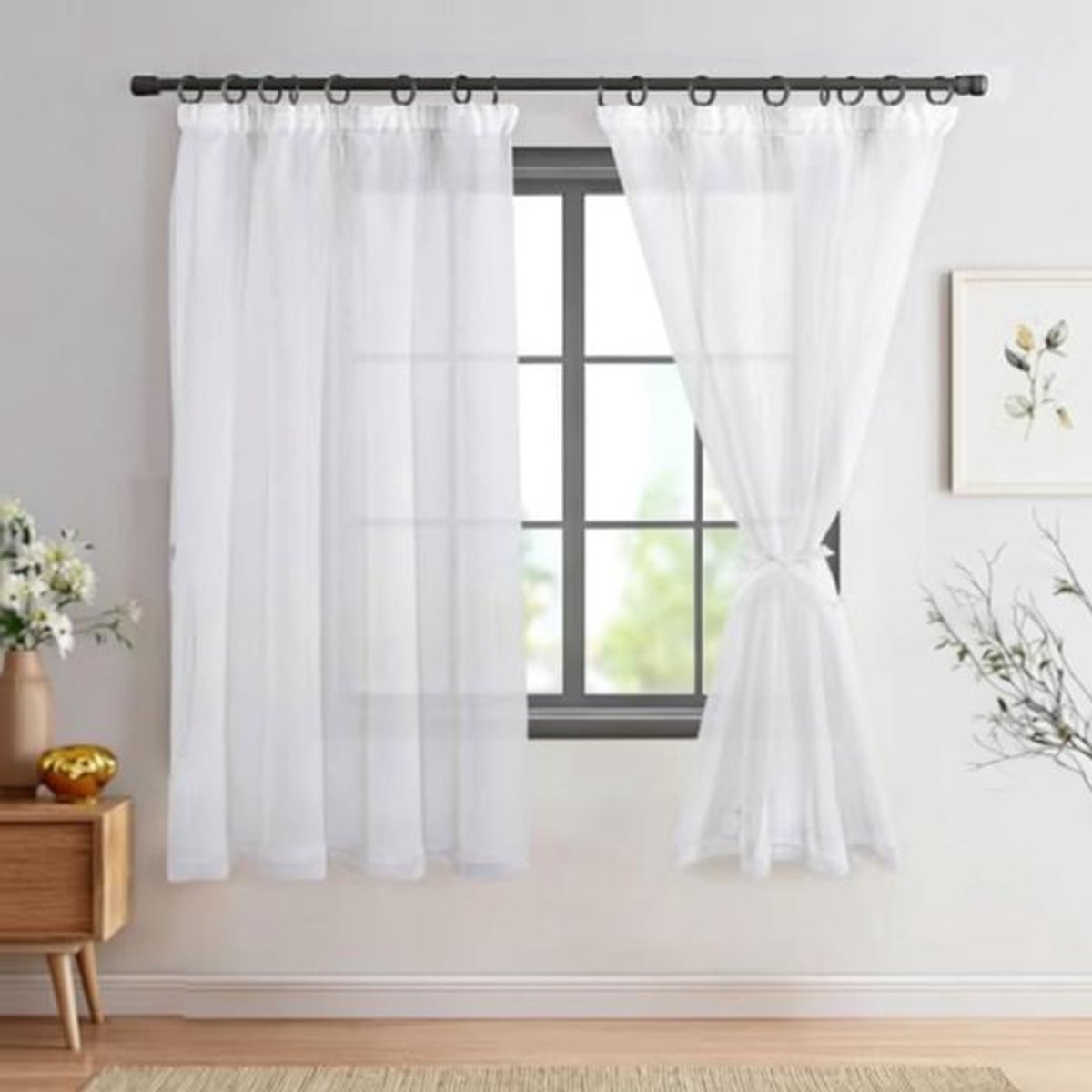 Maison Elara Voile gordijnen met plooiband in linnenlook - transparante gordijnen, 2 stuks, wit, 160 x 140 cm (H x B)