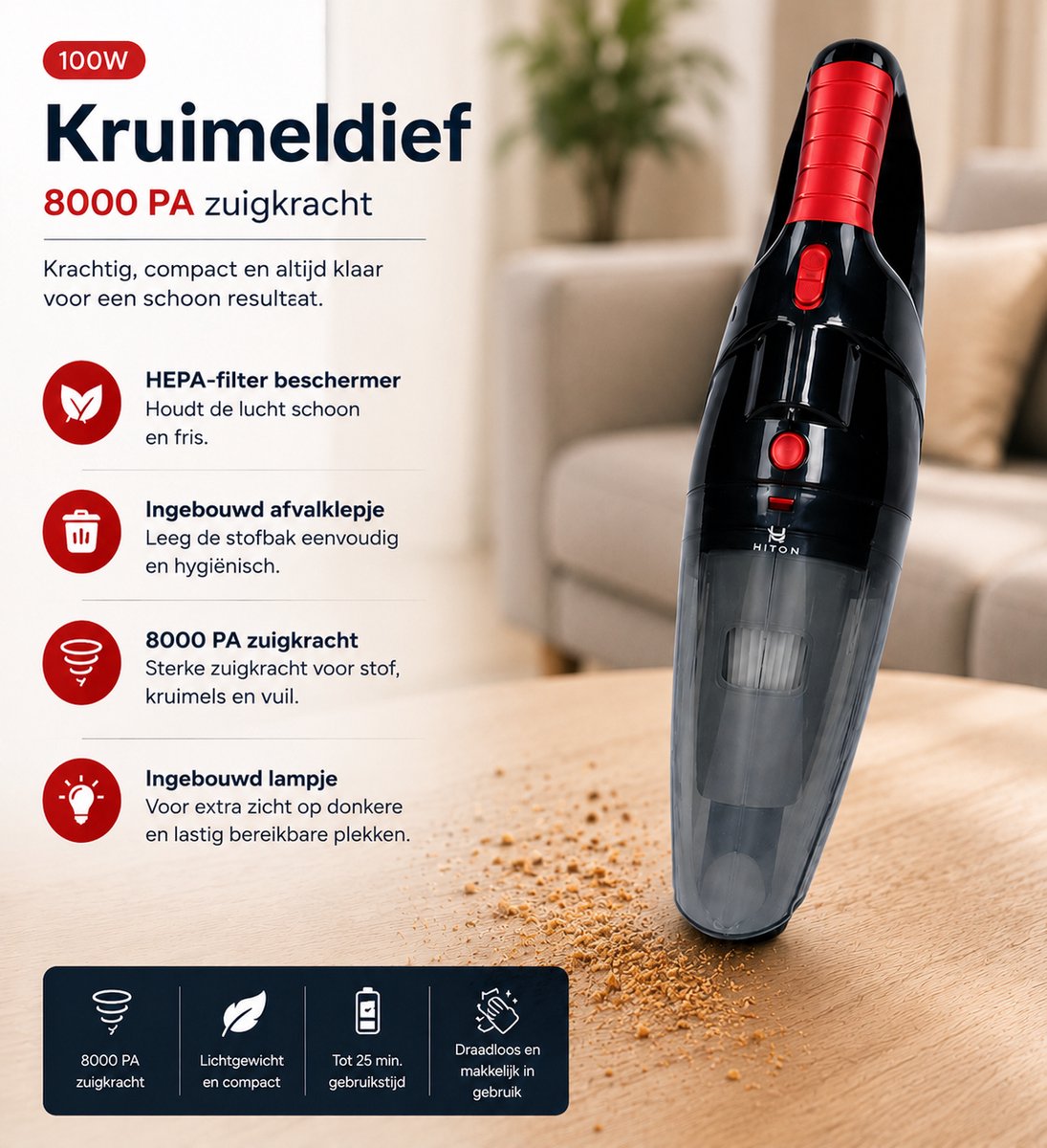 Hiton Hiton Kruimeldief Snoerloos Handstofzuiger - afbeelding 2