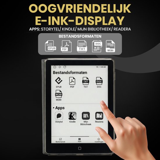 E-reader met e-ink display en geïnstalleerde apps zoals Storytel en Kindle.