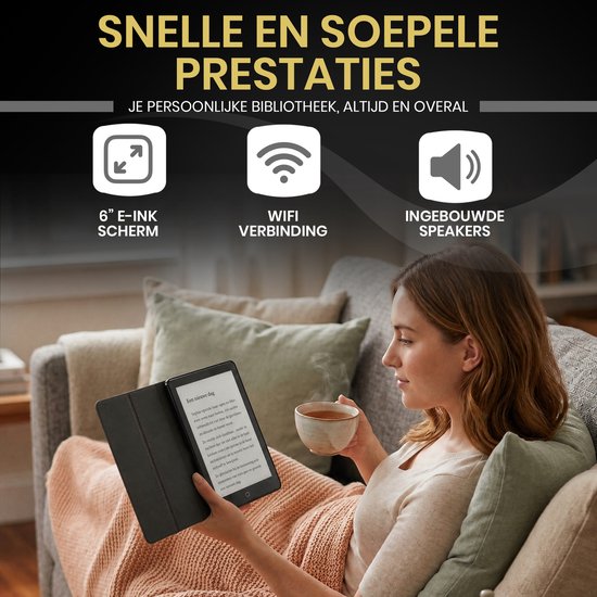 Vrouw zit op de bank te lezen op een 6" e-reader met Wi-Fi en ingebouwde speakers.