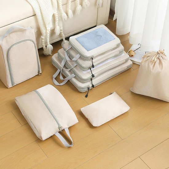 Opbergtas Set - Reisorganizers - Bagage Comprimeren - Waterdicht Nylon - Set van 8 - Beige — afbeelding 3