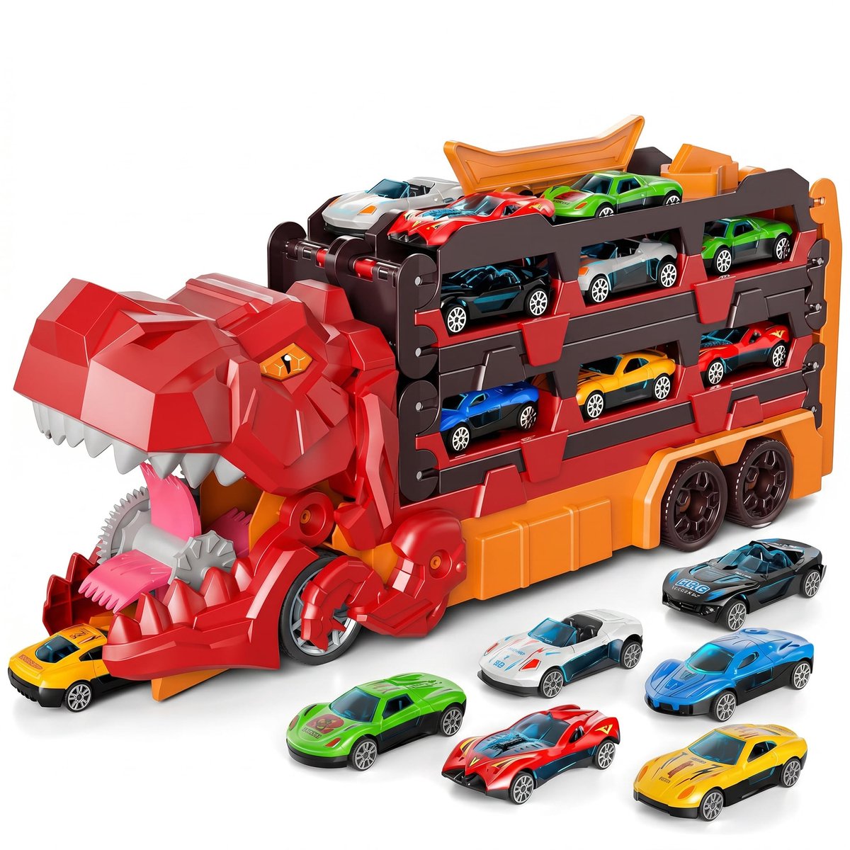 Dinosaurus Speelgoedtruck – Inclusief 6 Auto’s – Dino Transporttruck met Racebaan en Lanceerfunctie – Speelgoed Auto’s voor Kinderen vanaf 3 Jaar