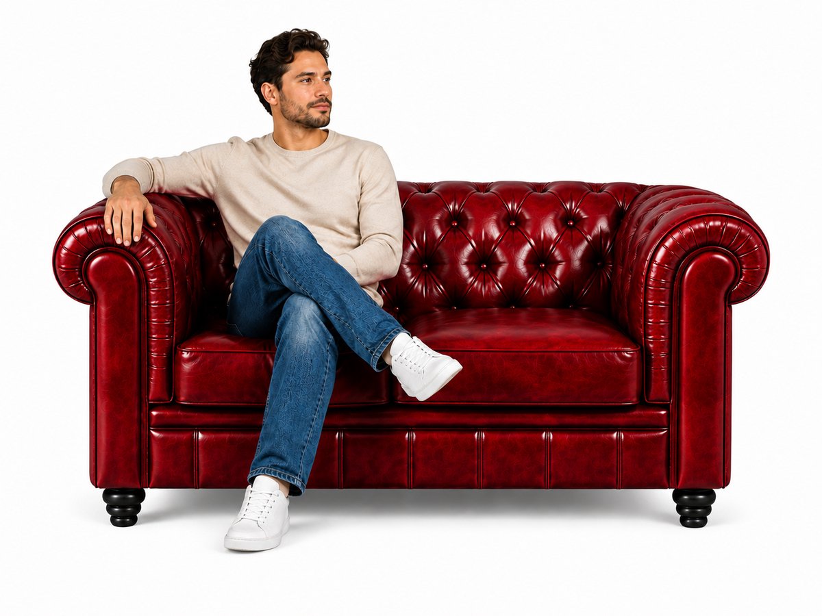 Bank Chesterfield - 2 Zits - Rood - Leer - Sofa - Bankstel