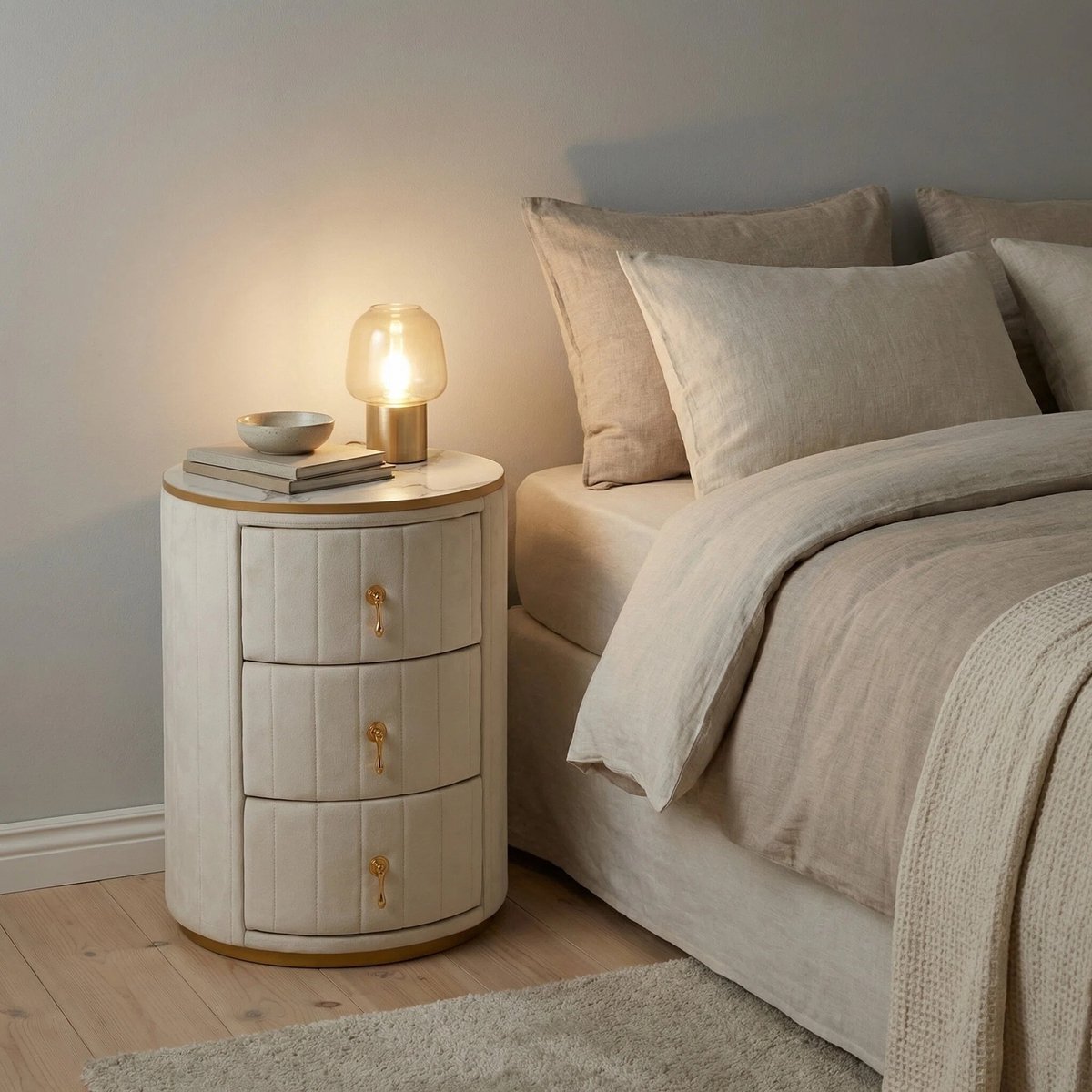 HAUSS SPOLE Nachtkastje - Rond Met 3 Gebogen Lades En Marmerlook Blad - Voor Slaapkamer En Woonkamer - Fluweel Metaal MDF - 40x40x52,5 Cm - Wit