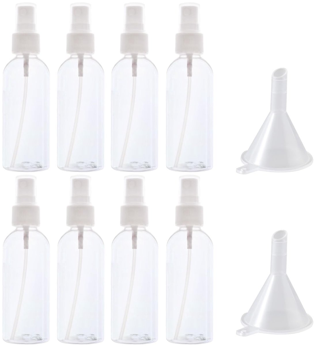 Dailygoods- Spuitflessen 8 stuks - Draagbare Spuitflessen - Transparante Kunststof - Parfumdispenser - Trechters 2 stuks - 100 ml per fles - Cosmeticafles