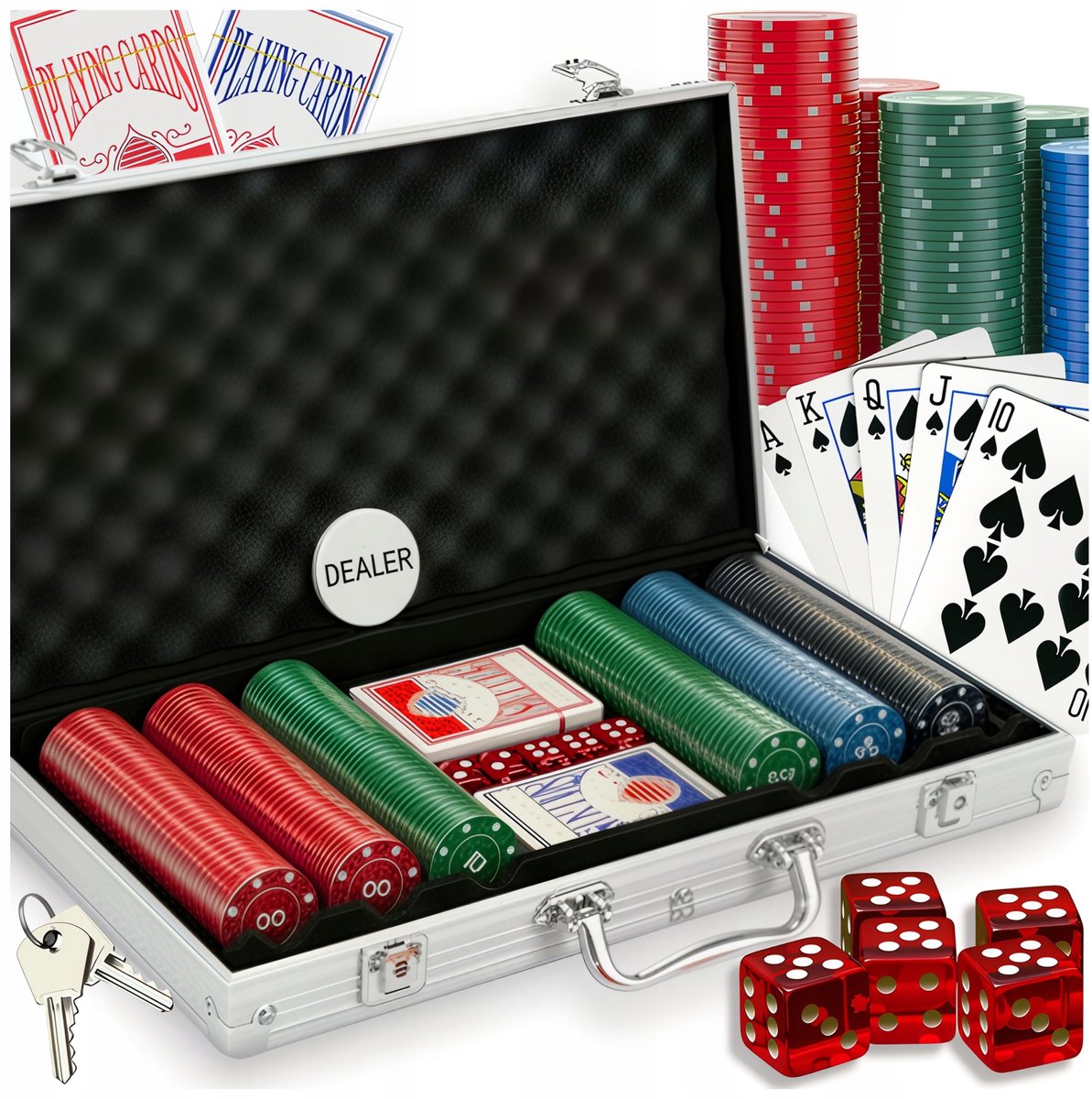 Poker Set met 300 Chips, 2 Kaartspellen, Dobbelstenen & Koffer