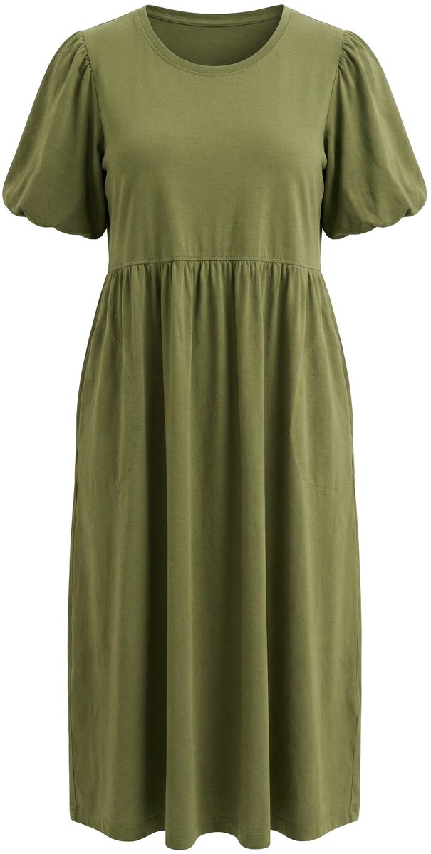 Ulla Popken - Dames - Maxi-jurk A-lijn ronde hals korte ballonmouw zakken - Olijf - Maat 58+