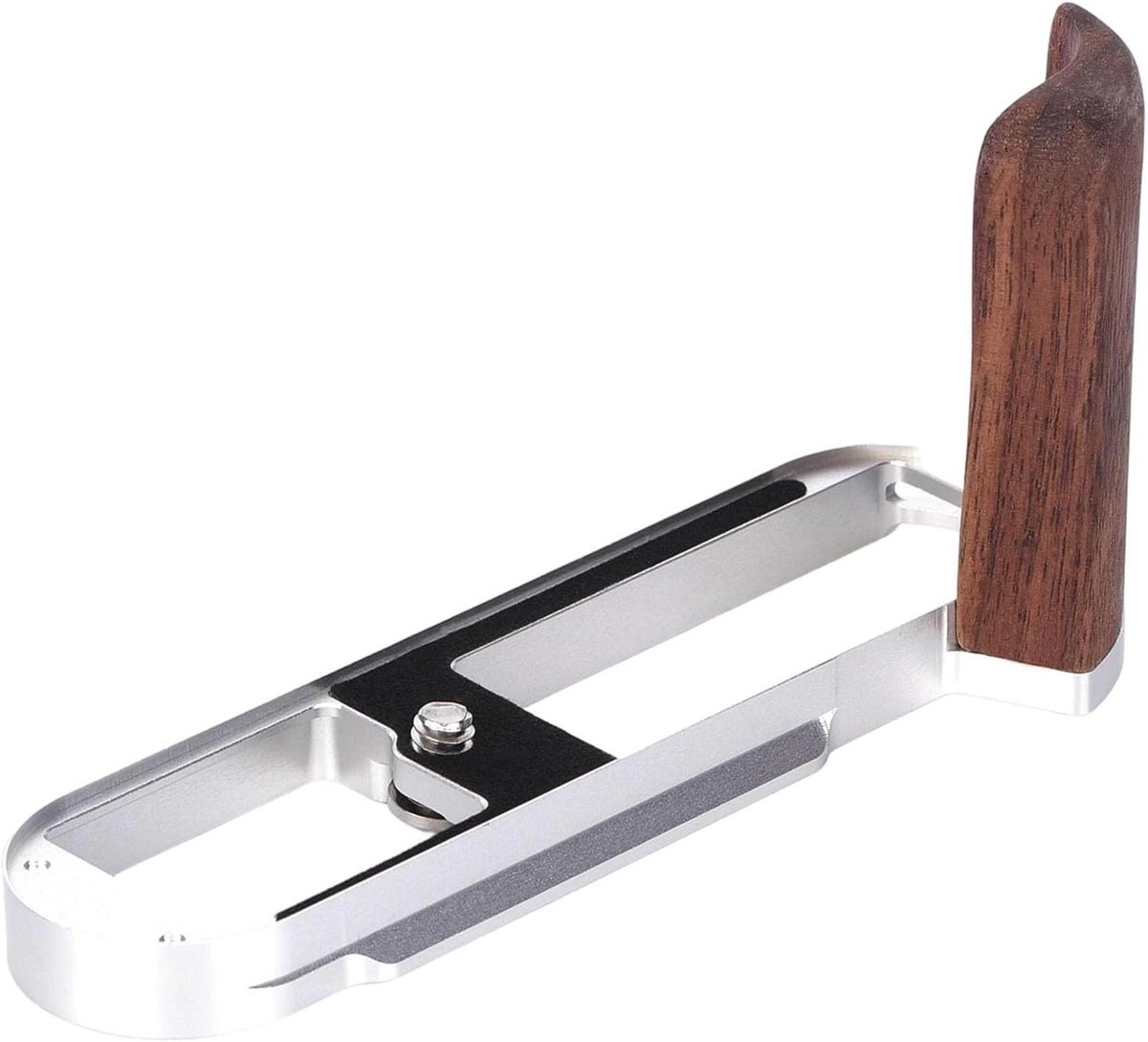 Metalen camera bodemplaat - Houten greep - Verbeterde grip - Snelle batterijtoegang - 132 x 38 x 66 mm - Zilver