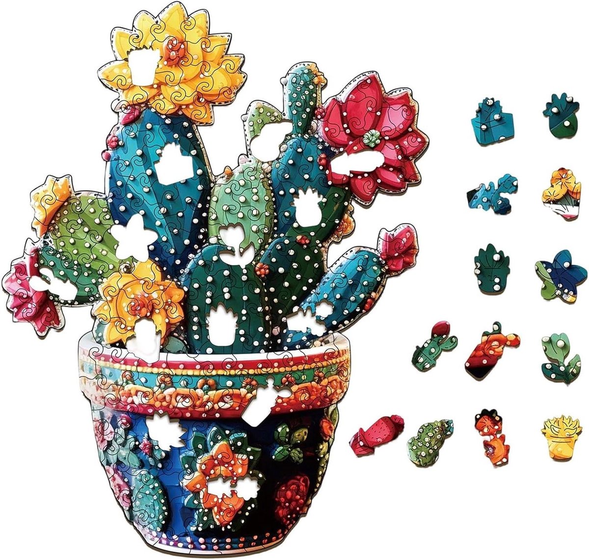 Houten Puzzel - Cactus Puzzel - Ontspanning en Educatie - Natuurlijk Houtmateriaal - 22 x 17 cm - Multicolor