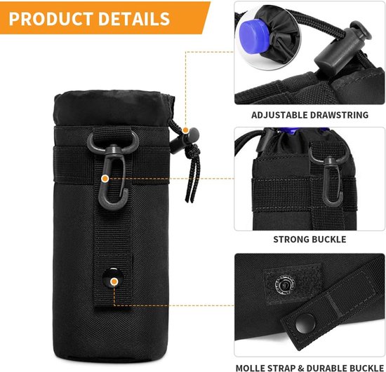 Tactische waterfleshouder - Waterbekertas - Militaire waterfleshouder - Nylon materiaal - Geschikt voor kamperen en wandelen - Zwart - 18*9*9 cm — afbeelding 3