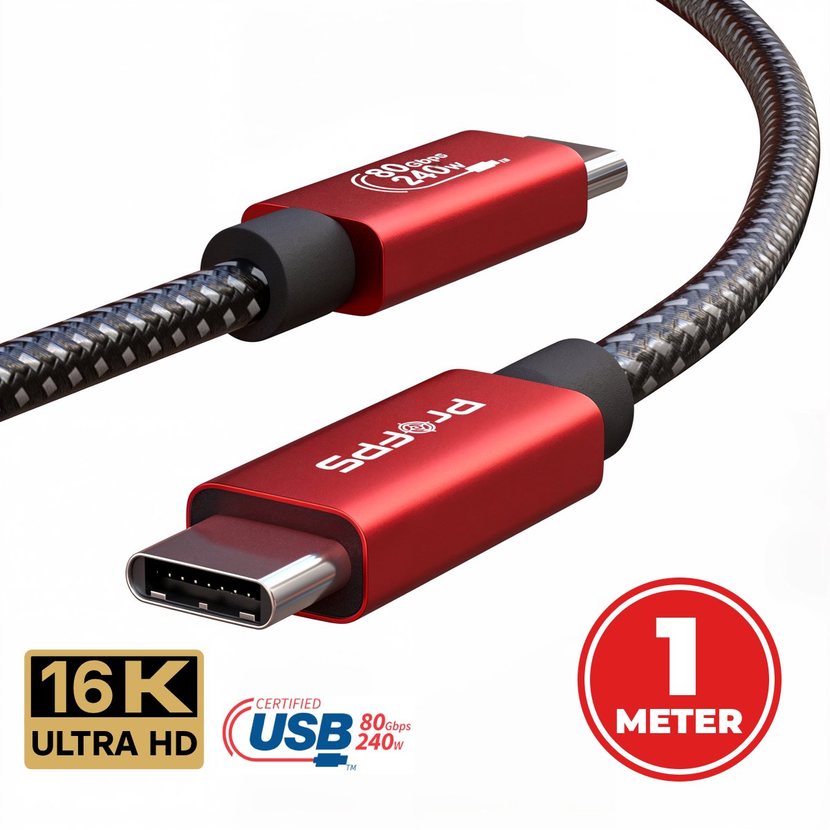 ProFPS USB-C naar USB-C Kabel 1M – USB 5.0 – 240W – 80Gbps – 16K – 8K/60Hz