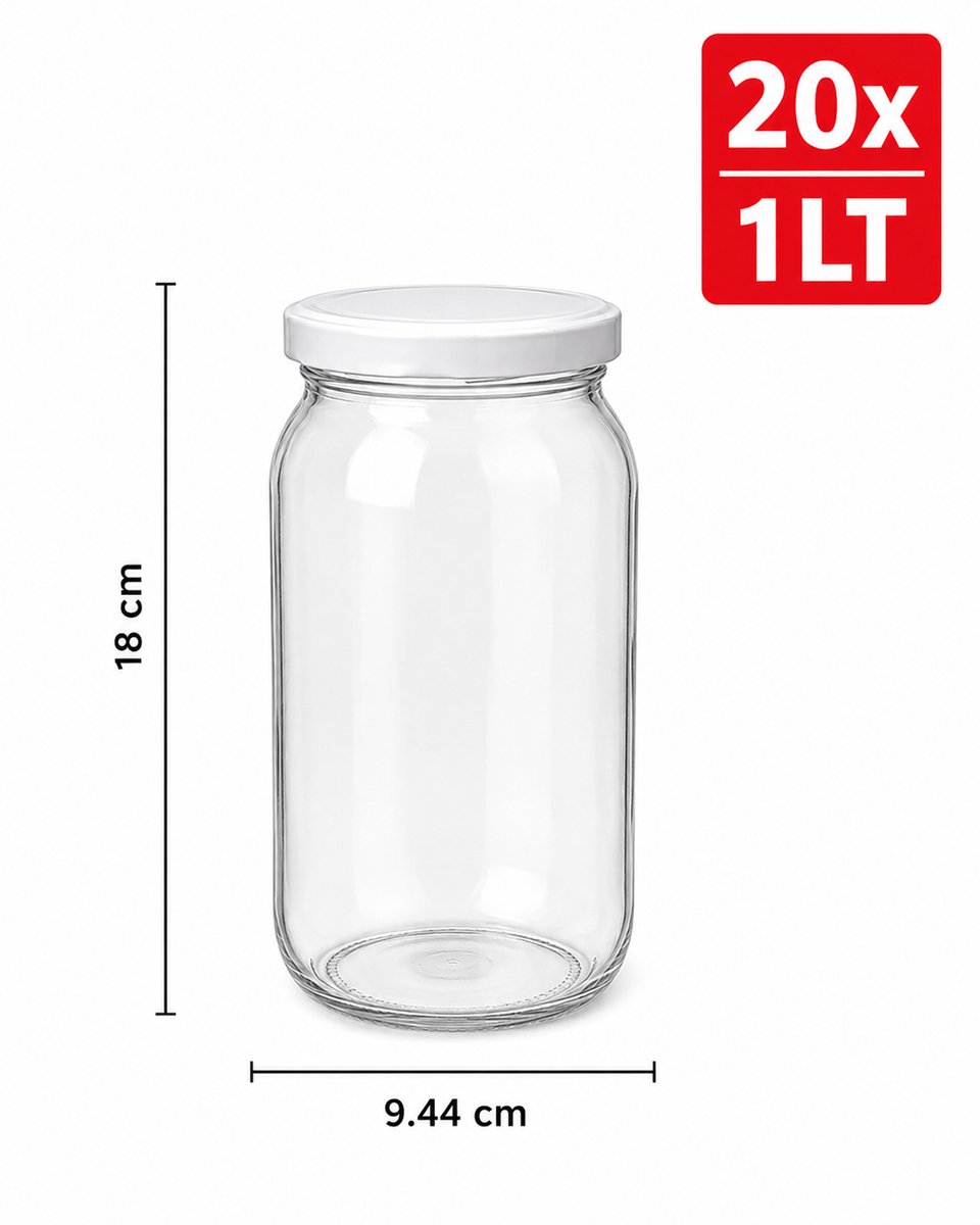 20 x 1 Liter Glass Jars with White Screw Lids – Food Storage Containers – Preserving & Canning Jars