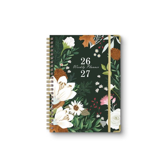 Donkergroene agenda met botanisch bloemen- en herfstbladdesign, spiraalbinding en jaartallen 26/27.