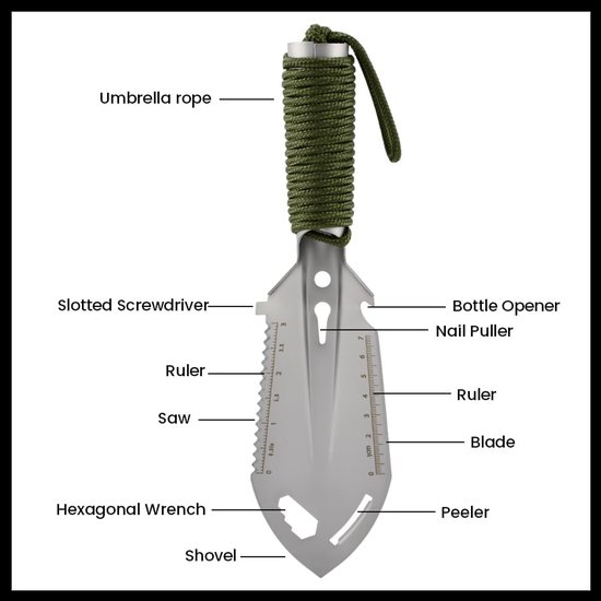Tuinschep - Campingschep - Handschep voor buiten - RVS - 9-in-1 militaire schep - Tactische handschep - Campingaccessoires - Geschikt voor tuinieren-kamperen en strandjutten - Zilver - 26*7 cm — afbeelding 5