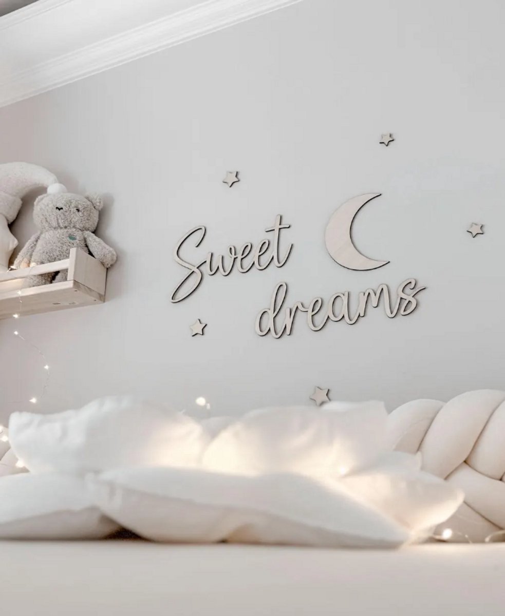 Houten Muurdecoratie Sweet Dreams met Sterren en Maan – Kinderkamer Wanddecoratie – Boho Babykamer Decoratie – Houten Wandbord – Babykamer Accessoires – Cadeau voor Jongen en Meisje