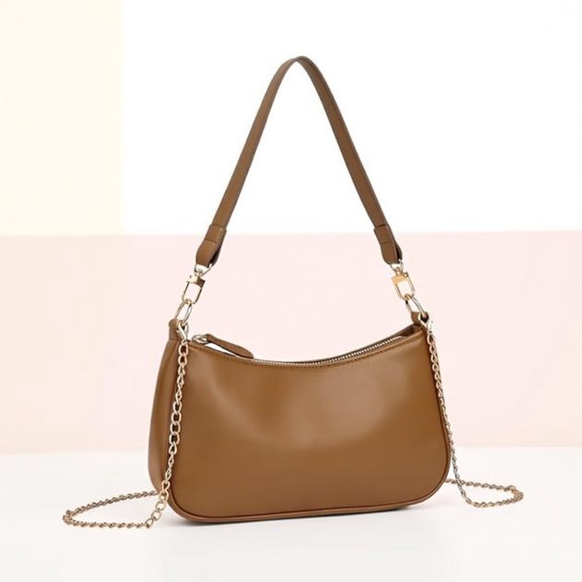 Maison Elara Kleine handtas voor dames, clutch met ketting, mini hobo schoudertas, ritssluiting, bruin, 26x8x15 cm