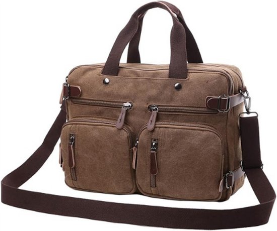 Bruine canvas laptoptas met donkerbruine accenten. Twee voorvakken met rits, handvatten en afneembare schouderband.