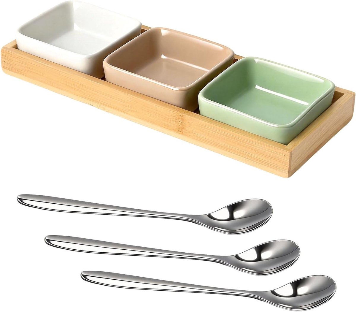 Dipschalenset met houten plank voor snacks, serveerschalen en borrelplanken - 3 stuks