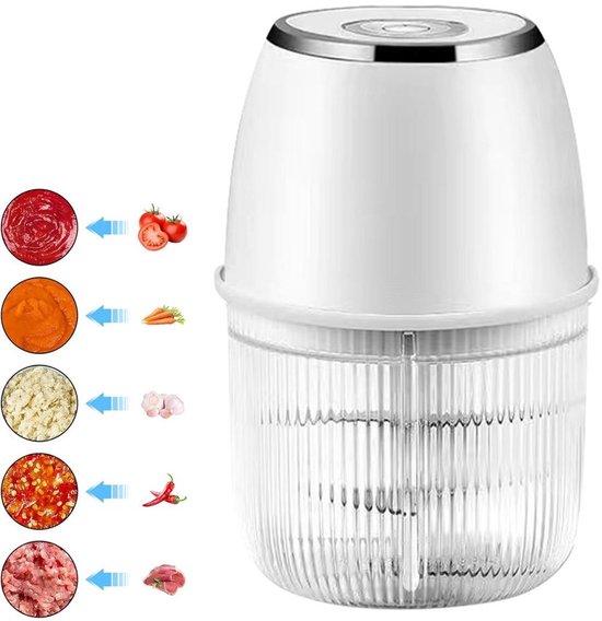 Elektrische keukenmachine van 350 ml met 6 messen voor het hakken van knoflook en vlees, oplaadbaar via USB – Wit