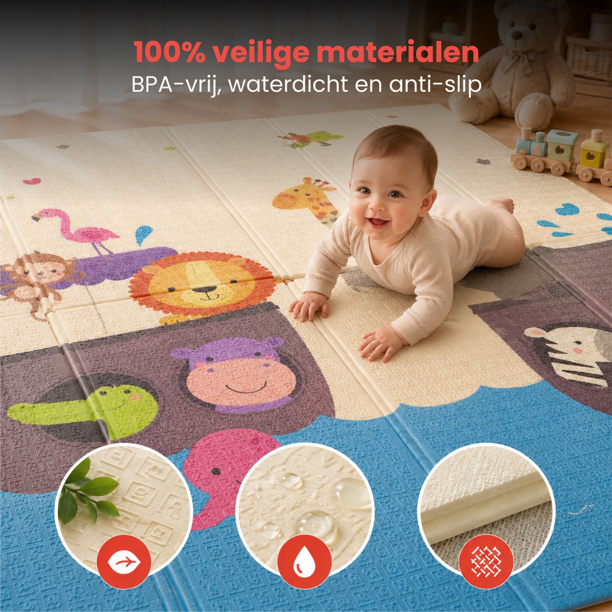 Teddle Speelmat Baby – Dubbelzijdig Speelkleed voor Baby - 200x180cm - Opvouwbare Speelmat - Kruipmat - Speelmat Foam - Met Letters en Cijfers thumbnail 4