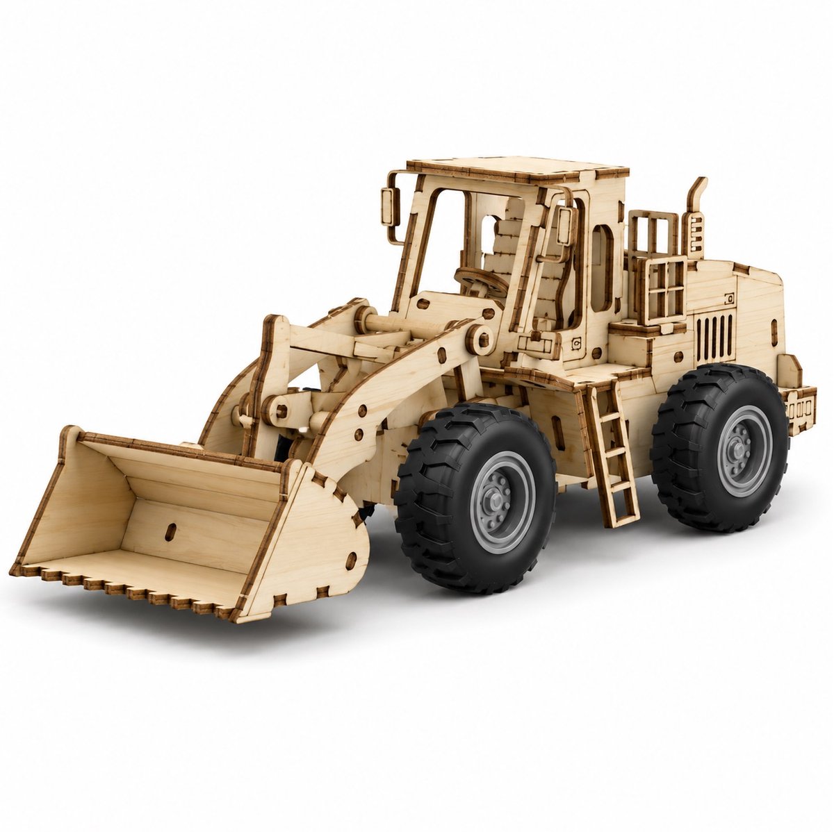 Bulldozer Voorlader met Pull-Back Mechanisme Houten DIY Bouwvoertuig Modelbouw