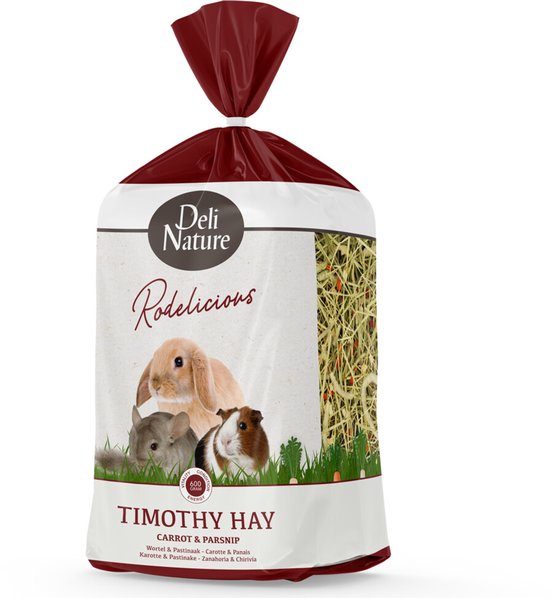Voerzak "Rodelicious" van Deli Nature met timotheegras, wortel en pastinaak. Met afbeeldingen van een konijn, chinchilla en cavia.