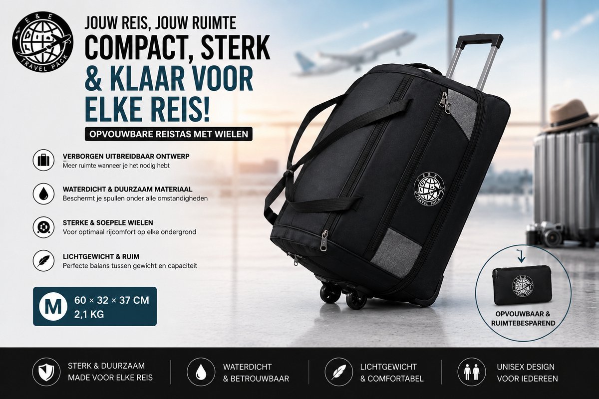 Nieuw! Medium Opvouwbare Reistas met Wielen – E&E Travel Pack – M-Waterdicht – Grote Capaciteit – Expandable – Trolley Reiskoffer – Unisex – S/M/L – Ideaal voor Vliegtuig & Auto-Zomer-Vakantie-Auto-Reizen-2026