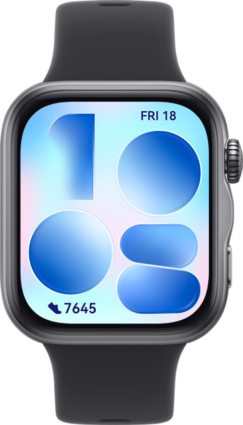 Grijze smartwatch met donkergrijze band. Het scherm toont 'FRI 18' en 7645 stappen.