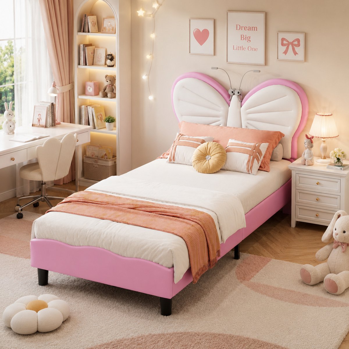 Kinderbed 90x200 cm, met LED-leeslampje, Eenpersoonsbed met verstelbaar hoofdeinde, meisje